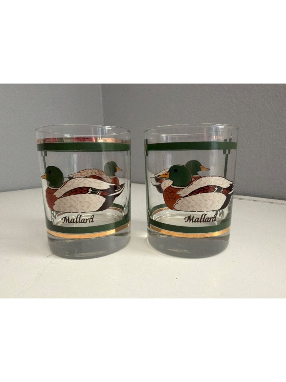 Vintage Libbey Rocks Glass SET OF 2 MCM Mallard Duck 22K Gold Trim Classic 1970s